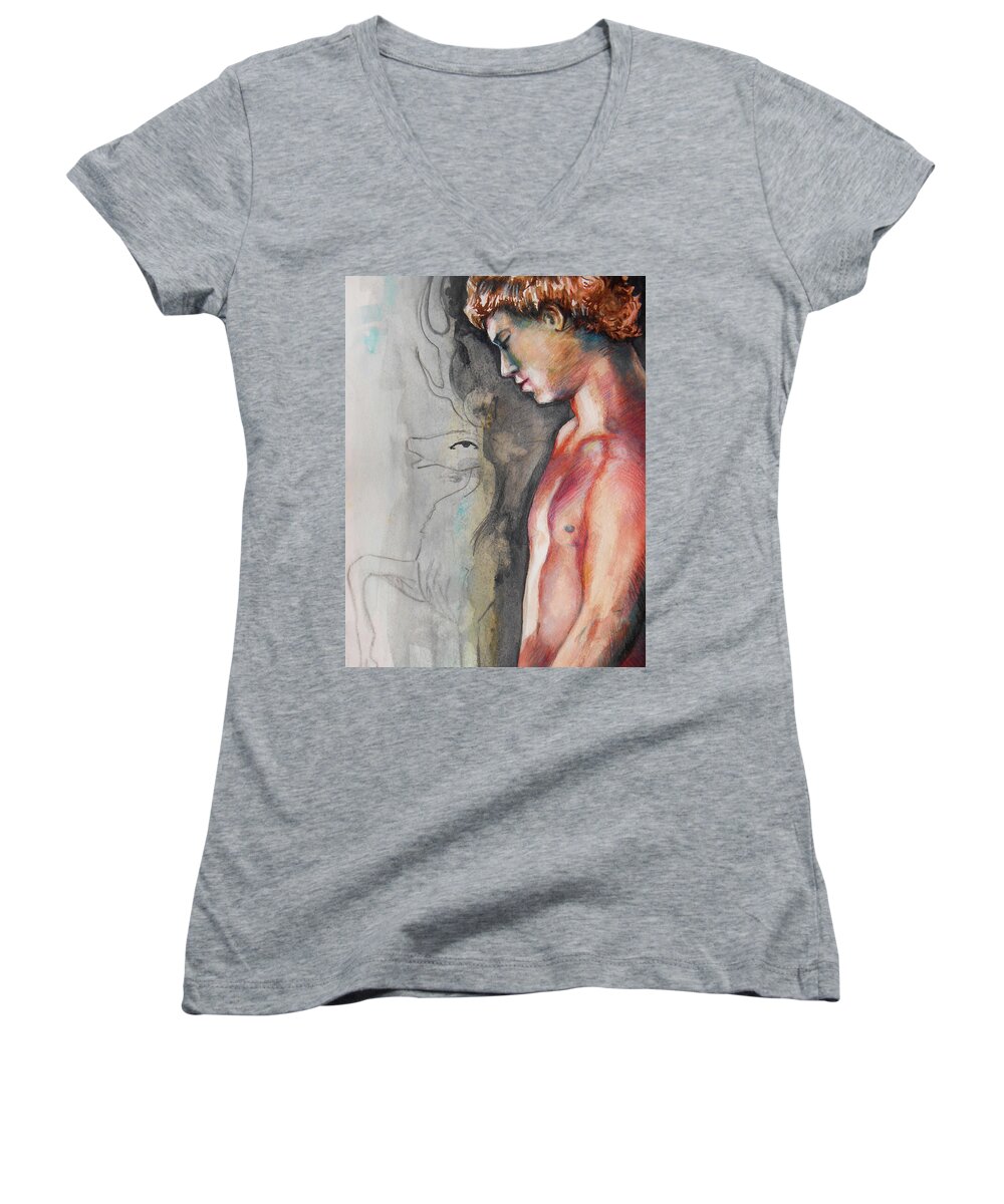 Male Figure Women's V-Neck featuring the painting Stag Antlers Version by Rene Capone