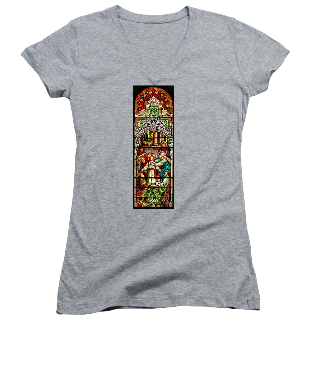 Cathedral Of The Plains Women's V-Neck featuring the photograph Stained Glass Scene 3 Crop by Adam Jewell