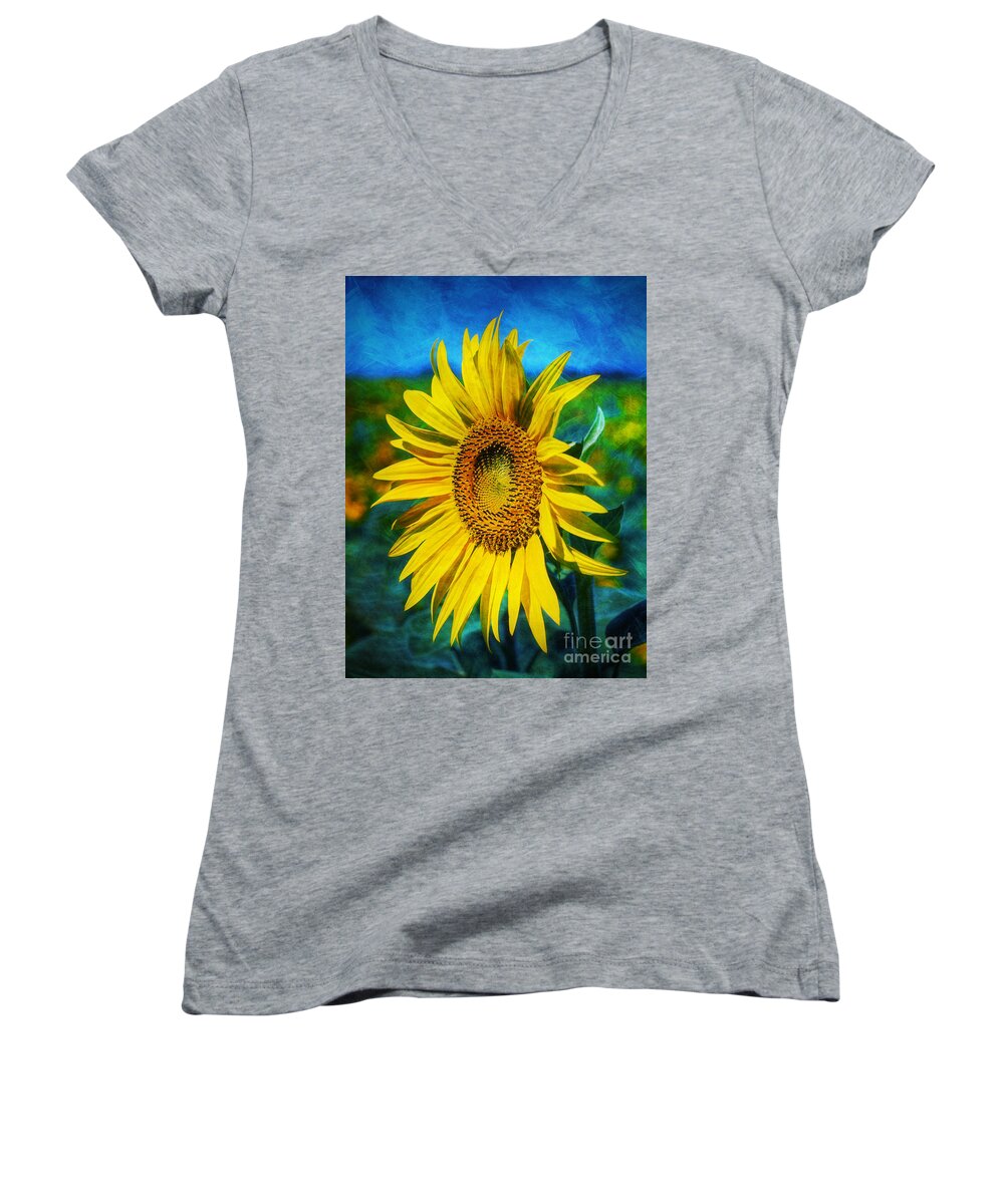 Sunflower Women's V-Neck featuring the digital art Sunflower #1 by Ian Mitchell