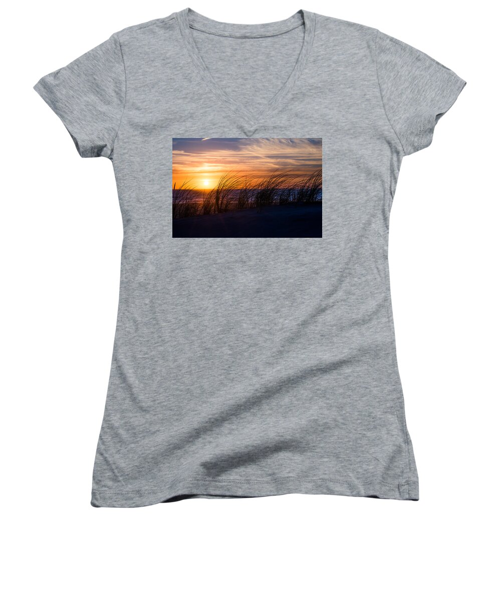 De Putten Women's V-Neck featuring the photograph sunset at the North Sea #1 by Hannes Cmarits