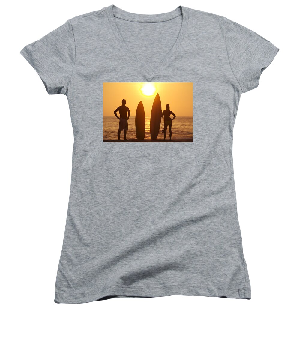 Afternoon Women's V-Neck featuring the photograph Surfer SIlhouettes #1 by Larry Dale Gordon - Printscapes