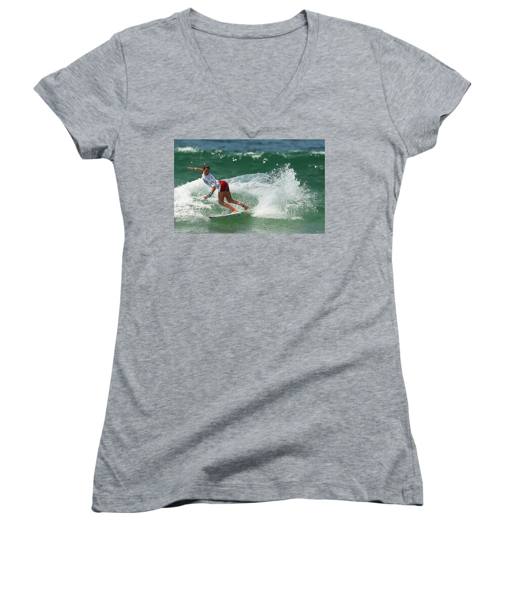 Surfing Women's V-Neck featuring the photograph Surfing #1 by Jackie Russo