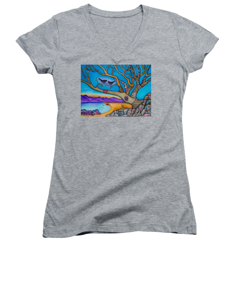Love Women's V-Neck featuring the painting The Kiss and Love is All There IS by Lori Miller