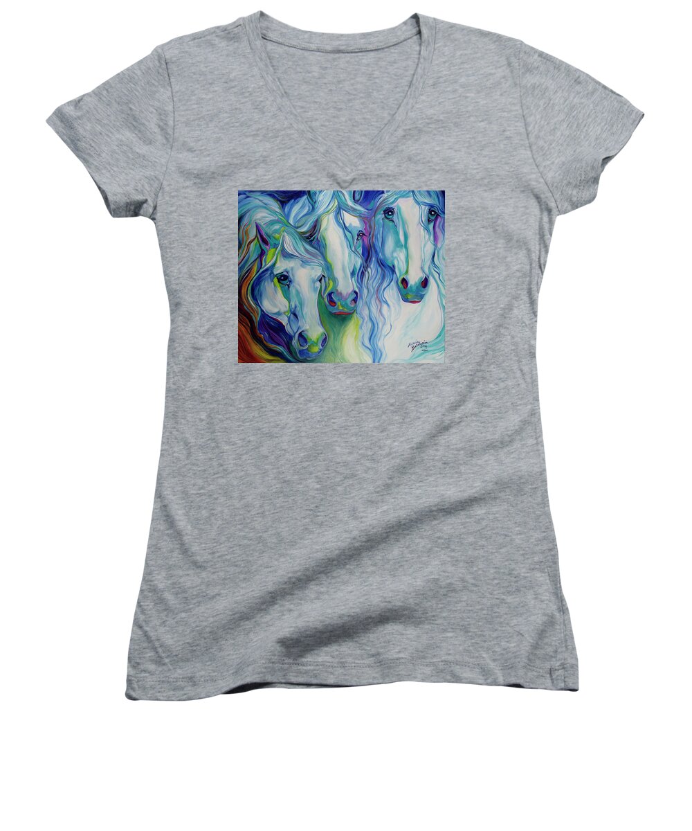 Horse Women's V-Neck featuring the painting Three Spirits Equine #1 by Marcia Baldwin