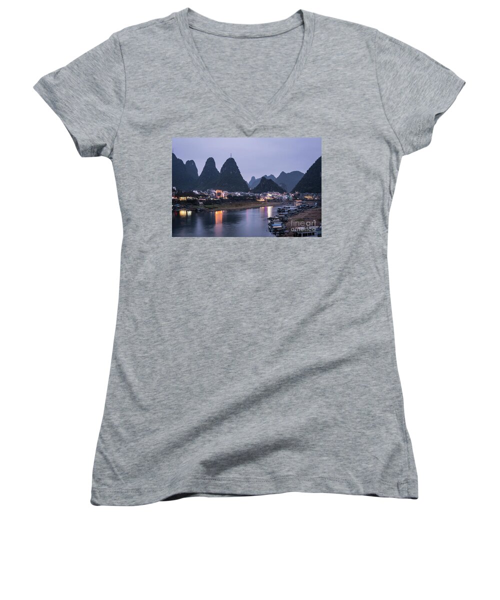 China - East Asia Women's V-Neck featuring the photograph Twilight over the Lijang river in Yangshuo #1 by Didier Marti