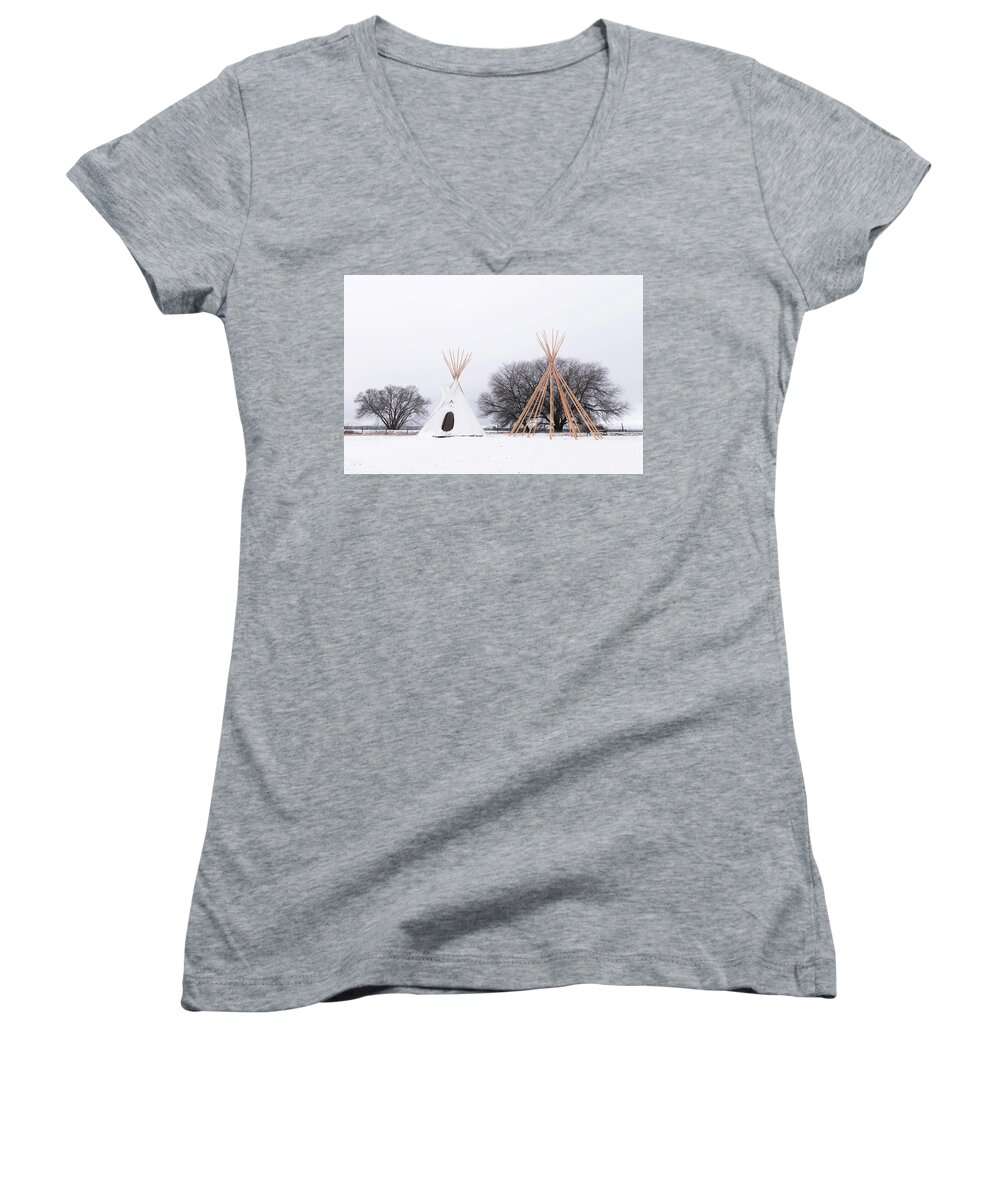 Tipis Women's V-Neck featuring the photograph Two Tipis #1 by Angela Moyer