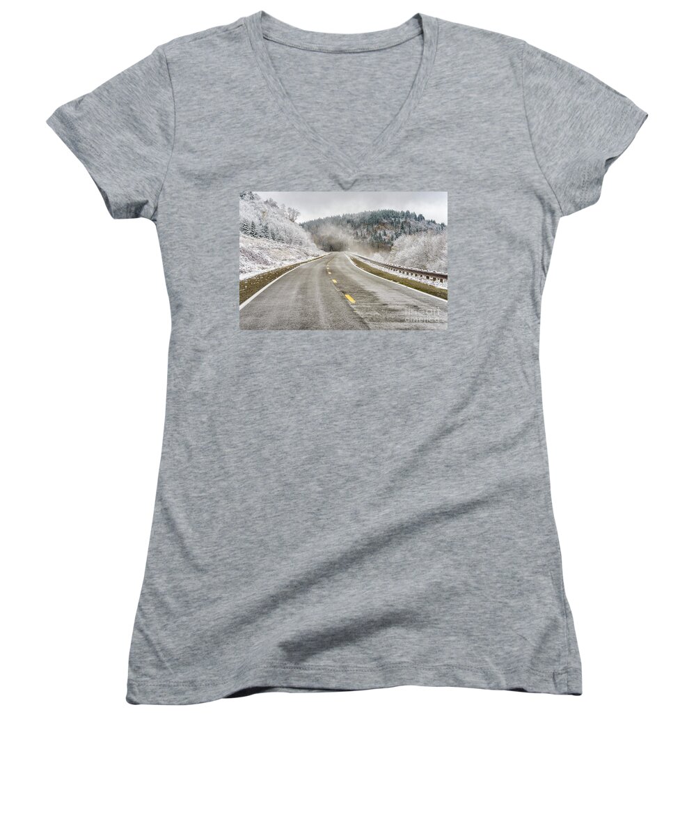 Autumn Women's V-Neck featuring the photograph Unexpected Autumn Snow Highland Scenic Highway #1 by Thomas R Fletcher