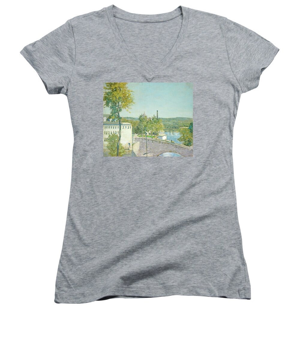 Artist Women's V-Neck featuring the painting U.S. Thread Company Mills, Willimantic, Connecticut #1 by Julian Alden Weir