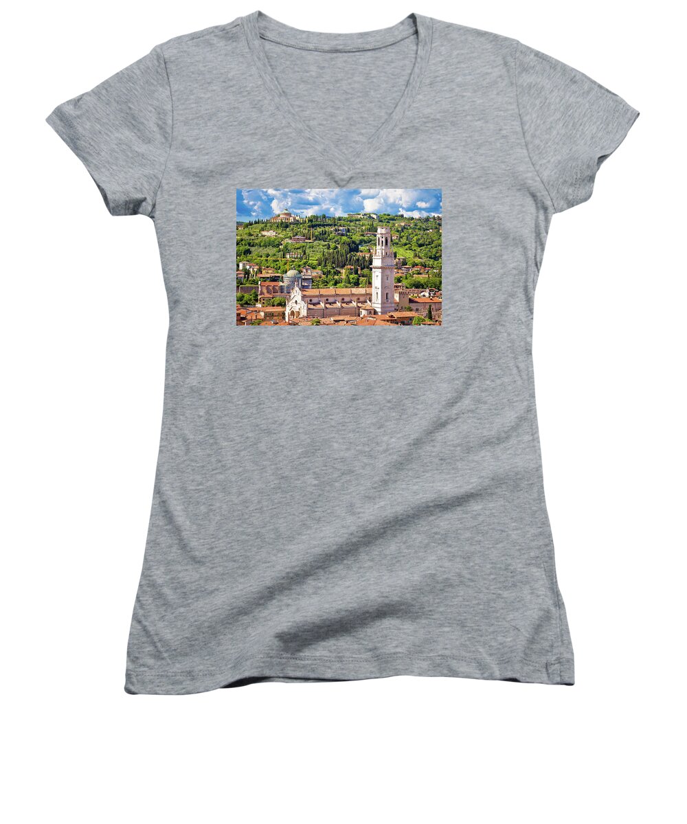 Verona Women's V-Neck featuring the photograph Verona rooftops and cityscape aerial view #1 by Brch Photography