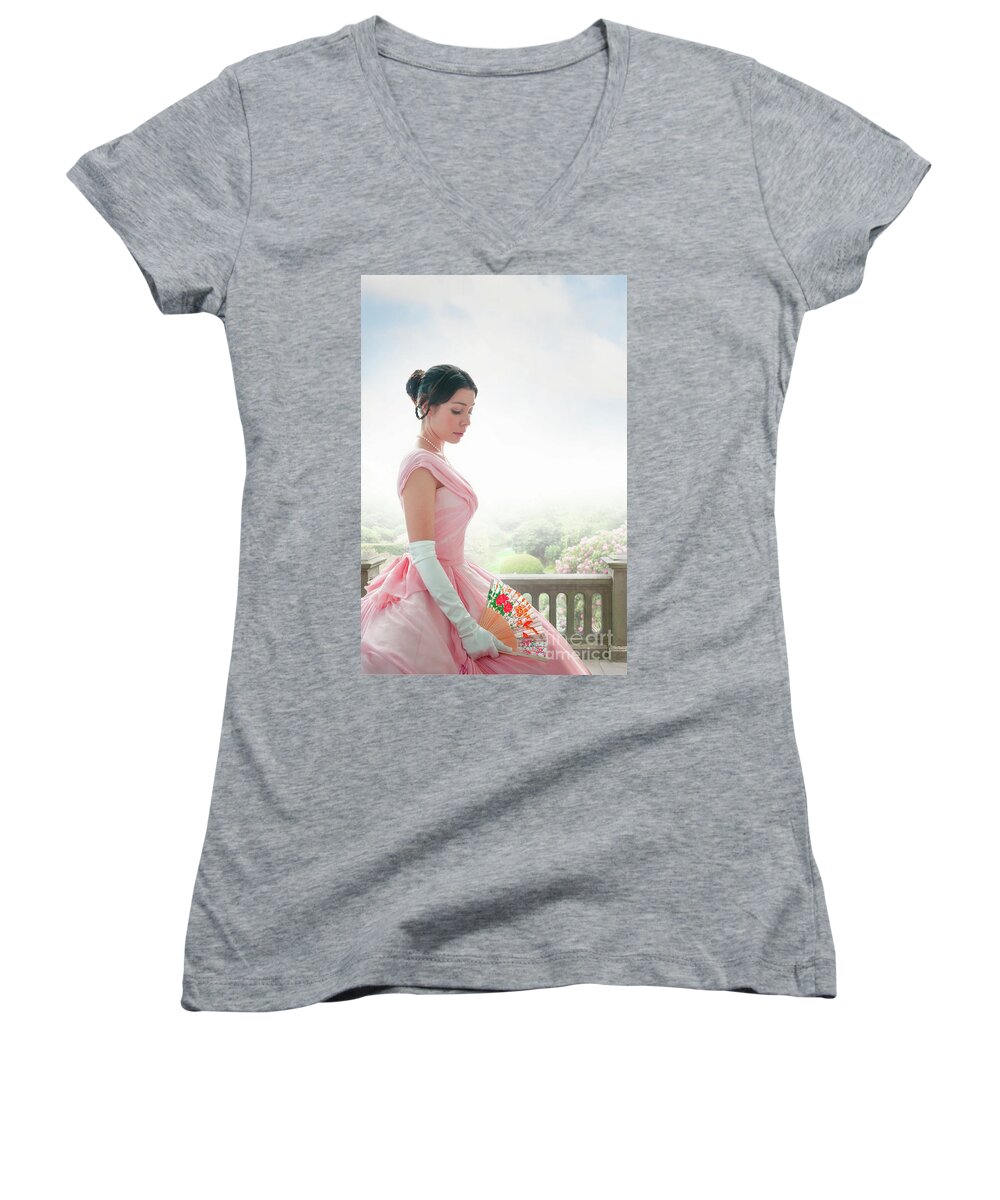 Victorian Women's V-Neck featuring the photograph Victorian Woman In A Pink Ball Gown #1 by Lee Avison