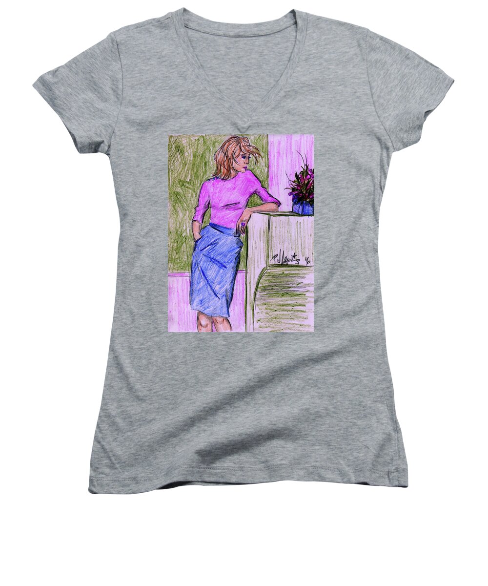 Fashion Illustration Women's V-Neck featuring the drawing Waiting #1 by PJ Lewis