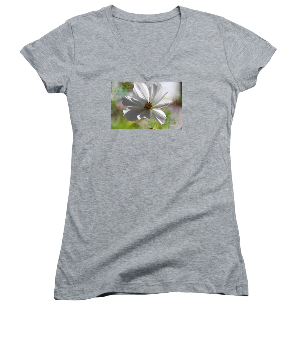 White Cosmos Women's V-Neck featuring the photograph White Cosmos #1 by Yumi Johnson