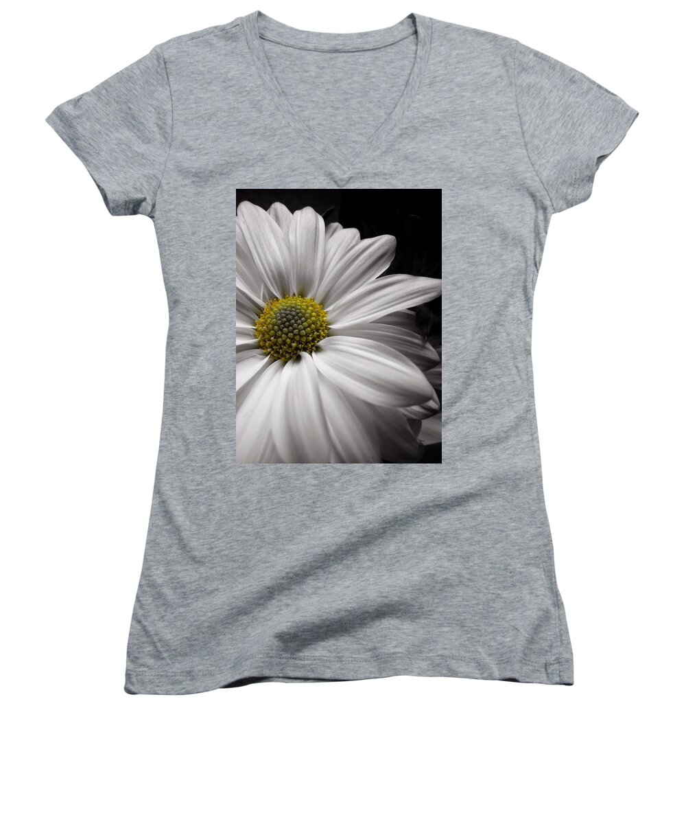 Scoobydrew81 Andrew Rhine Flower Flowers Bloom Blooms Macro Petal Petals Close-up Closeup Nature Botany Botanical Floral Flora Art Color Soft Black White Detail Simple Contrast Simple Clean Crisp Spring Round Art Artistic Light Women's V-Neck featuring the photograph White Daisy Macro 2 #1 by Andrew Rhine