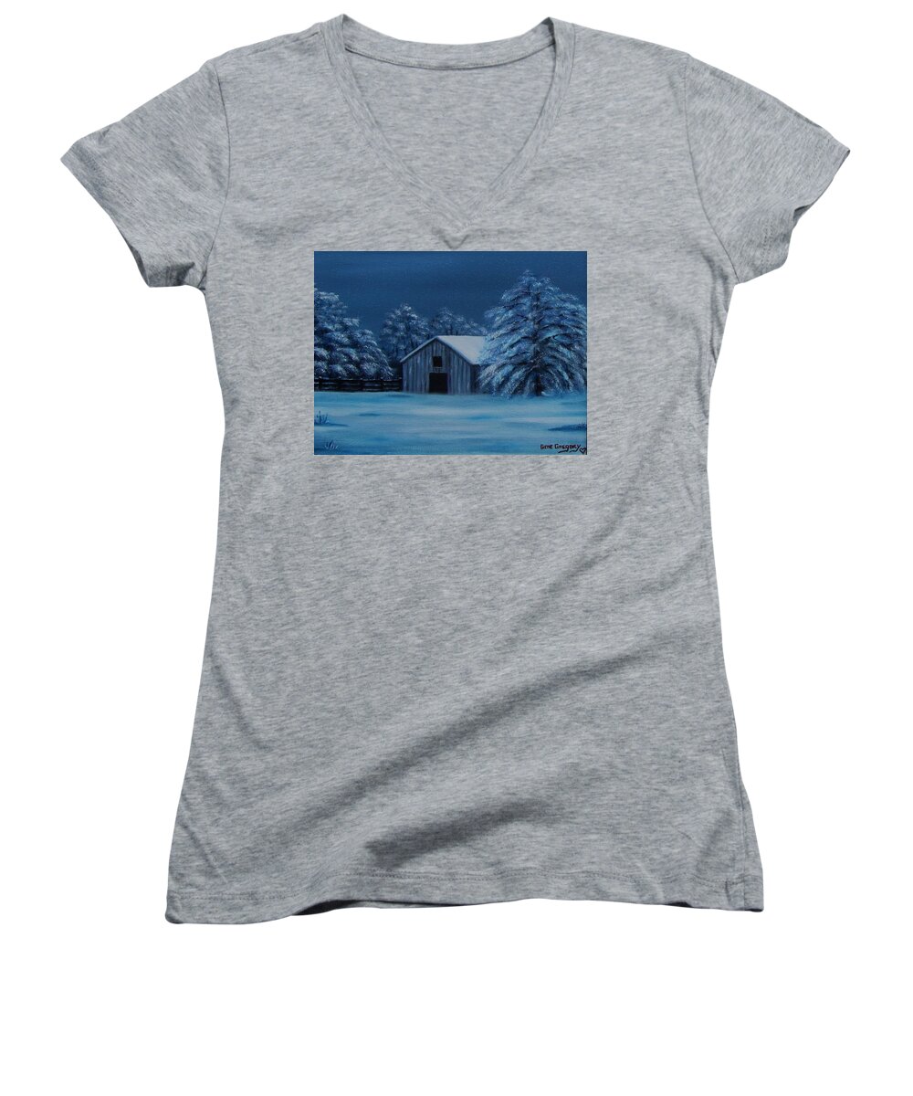 Barn And Snow Women's V-Neck featuring the painting Windburg barn 2 #1 by Gene Gregory