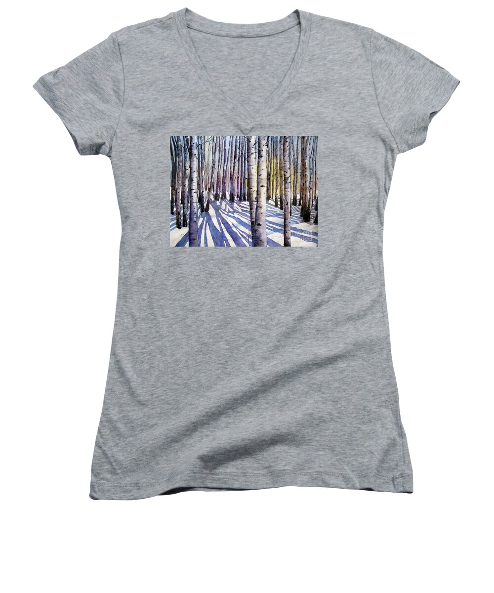 Landscape Women's V-Neck featuring the painting Winter Shadows #1 by Shirley Braithwaite Hunt