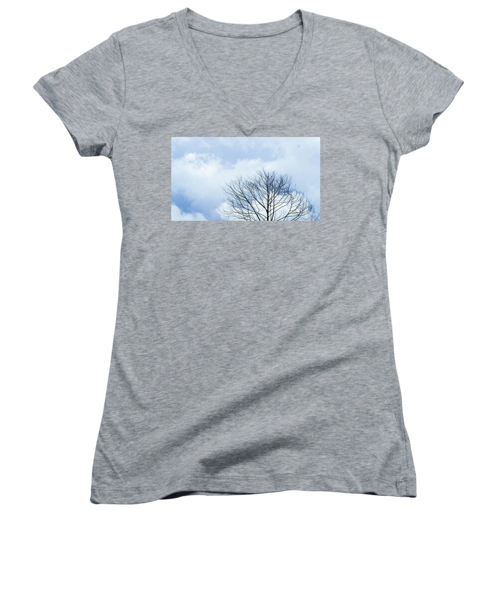 Winter Fall White Sky Women's V-Neck featuring the photograph Winter Tree #1 by Adelista J