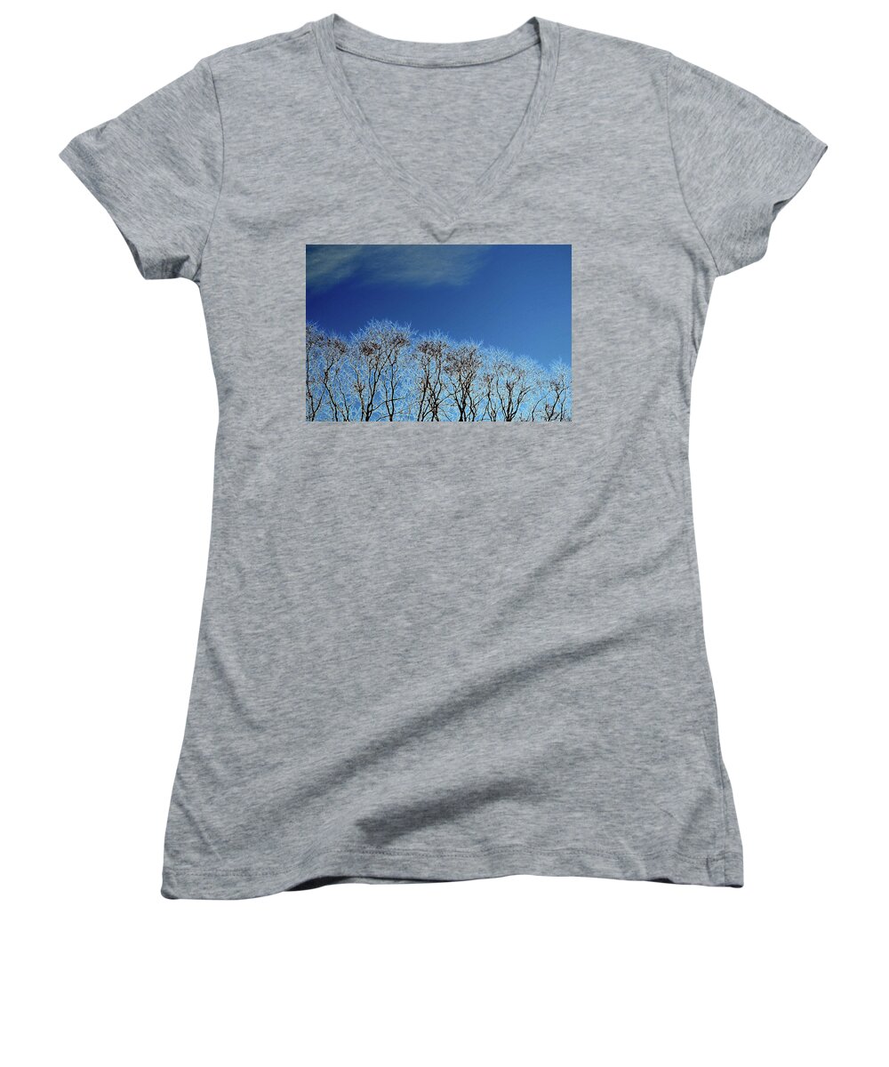 Abstract Women's V-Neck featuring the photograph Winter Trees and Sky 3 #1 by Lyle Crump