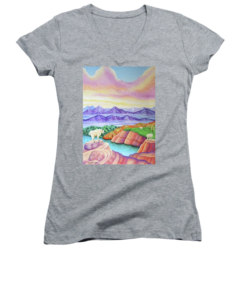 Rocky Mountain Goats Landscape Women's V-Neck featuring the painting Wonderland #2 by Tracy Dennison