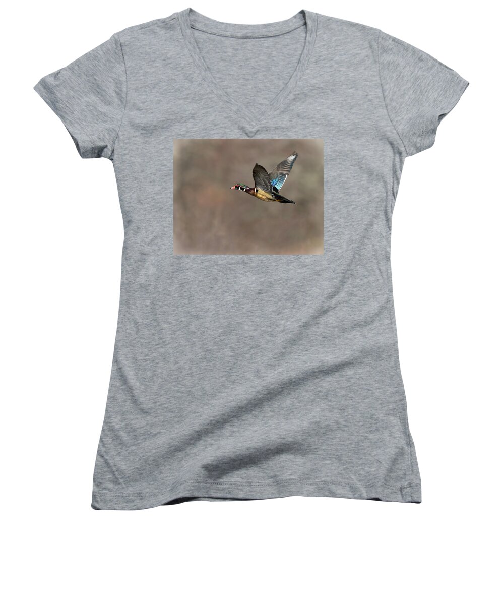 Duck Women's V-Neck featuring the photograph Wood Duck Flight #2 by Art Cole