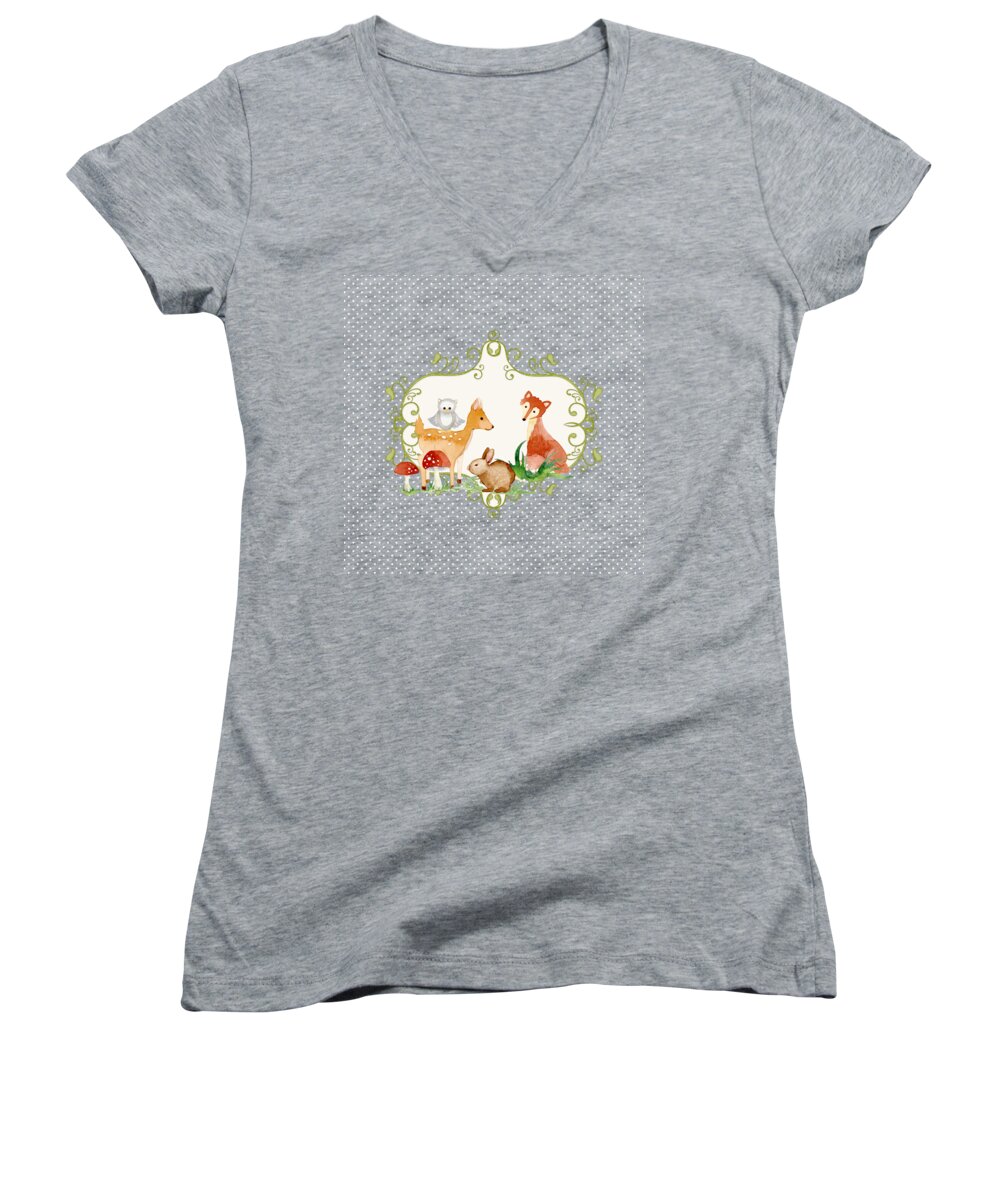 Woodland Women's V-Neck featuring the painting Woodland Fairytale - Animals Deer Owl Fox Bunny N Mushrooms #1 by Audrey Jeanne Roberts