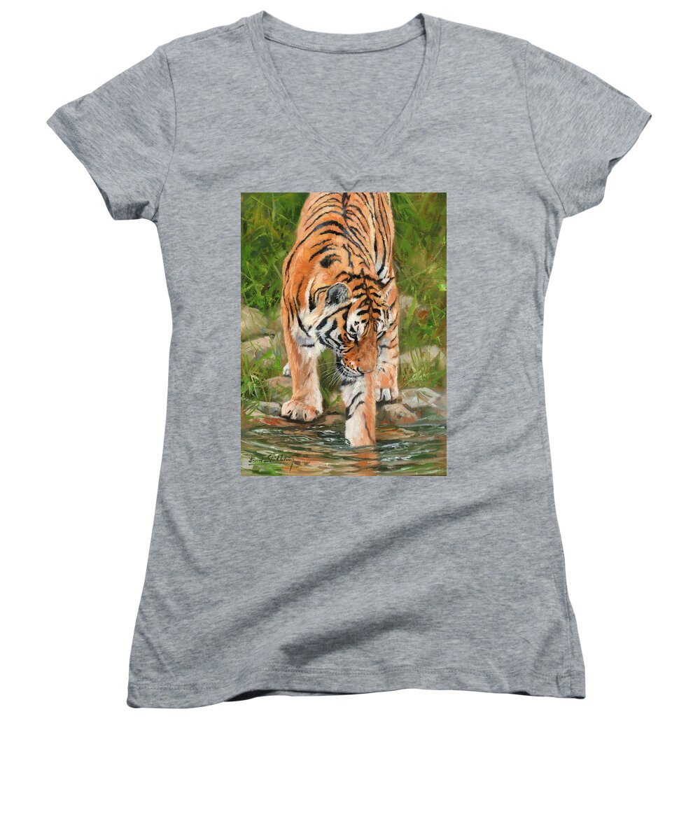 Tiger Women's V-Neck featuring the painting Amur Tiger #10 by David Stribbling