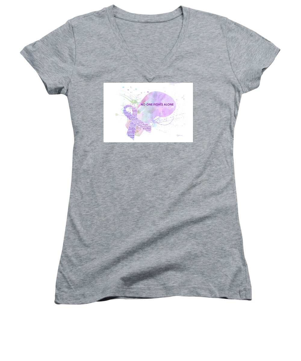 Cancer Women's V-Neck featuring the digital art 10969 No One Fights Alone by Pamela Williams