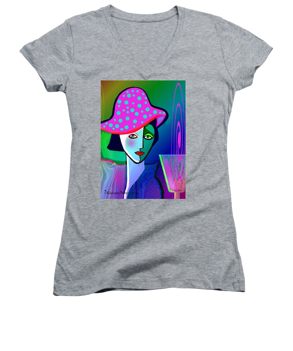 1150 Women's V-Neck featuring the painting 1150 - Woman with a Pocodot Hat ... by Irmgard Schoendorf Welch