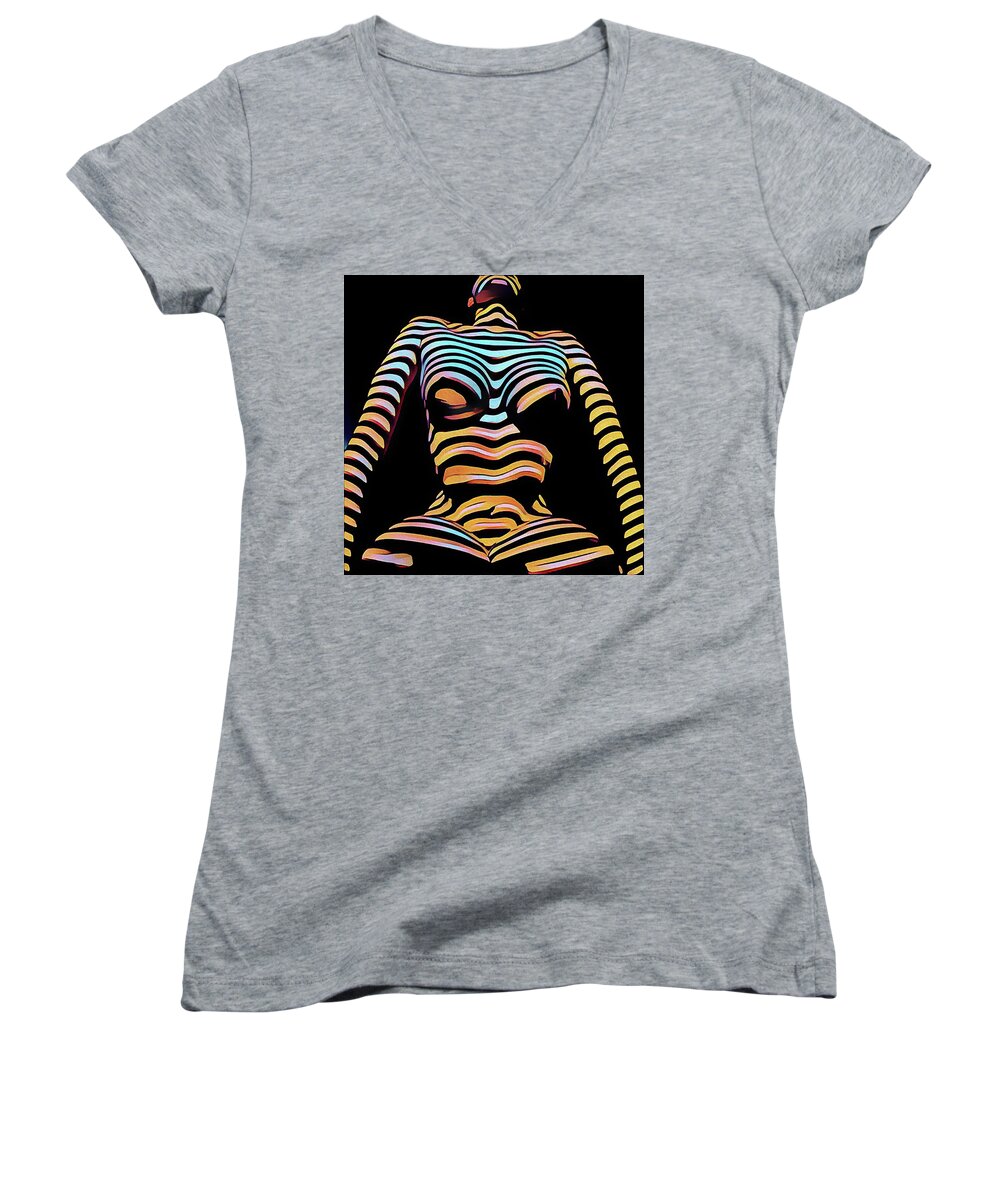 Zebra Women's V-Neck featuring the digital art 1205s-MAK Seated Figure Zebra Striped Nude rendered in Composition style by Chris Maher