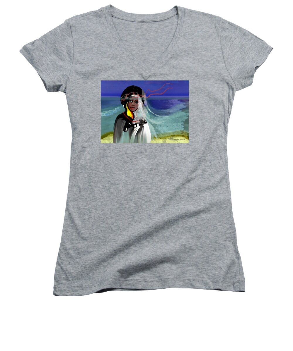 Woman Women's V-Neck featuring the painting 129 An Ocean Walk in Stormy Weather V by Irmgard Schoendorf Welch