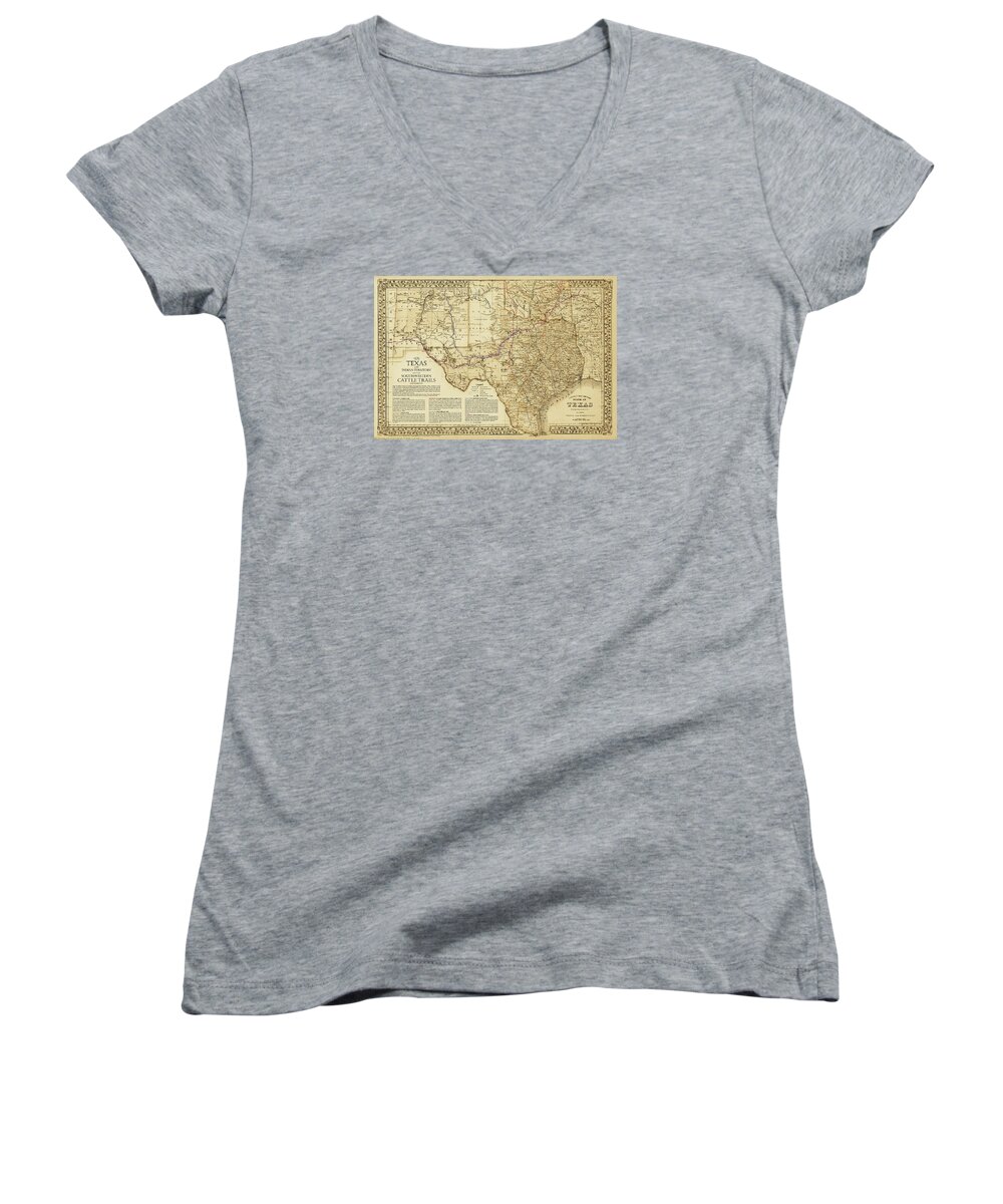 Cattle Trails Map Women's V-Neck featuring the digital art 1876 Great Texas and Southwestern Cattle Trails Map by Texas Map Store
