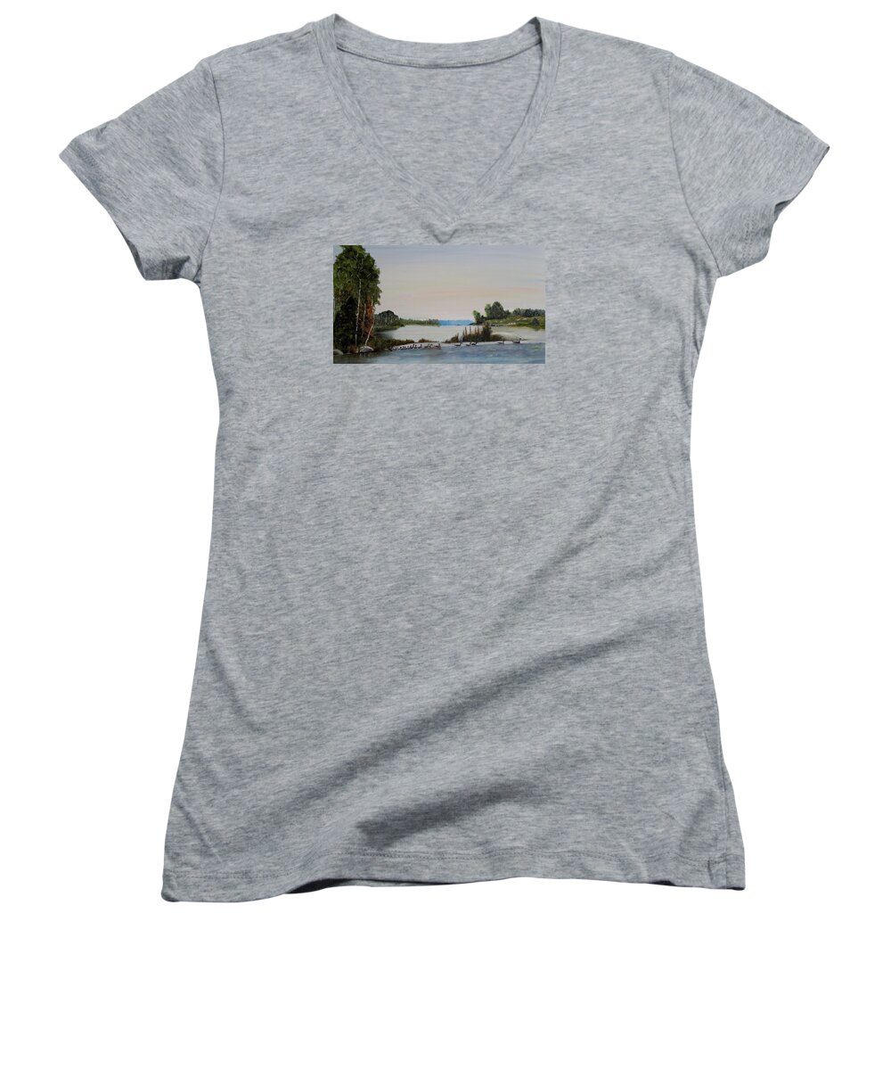 Geese Women's V-Neck featuring the painting 19 Geese by Marilyn McNish