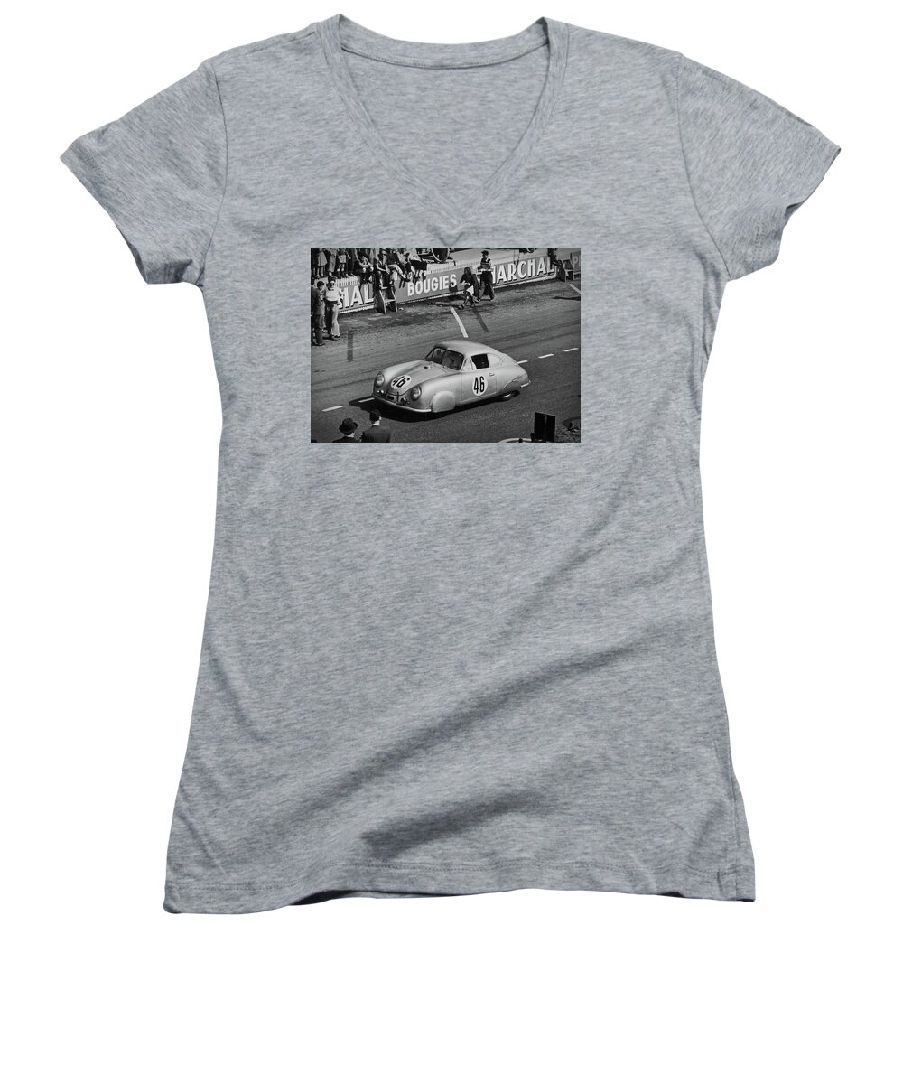 Car Women's V-Neck featuring the photograph 1951 Porsche Winning at Le Mans by Doc Braham