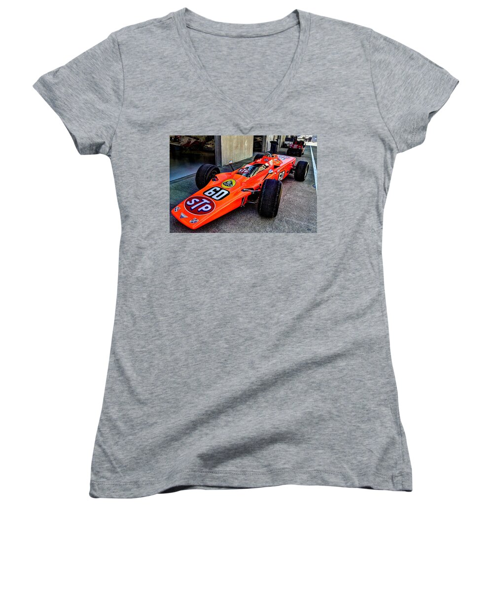 Josh Williams Photography Women's V-Neck featuring the photograph 1968 Lotus 56 Turbine Indy Car #60 angle by Josh Williams