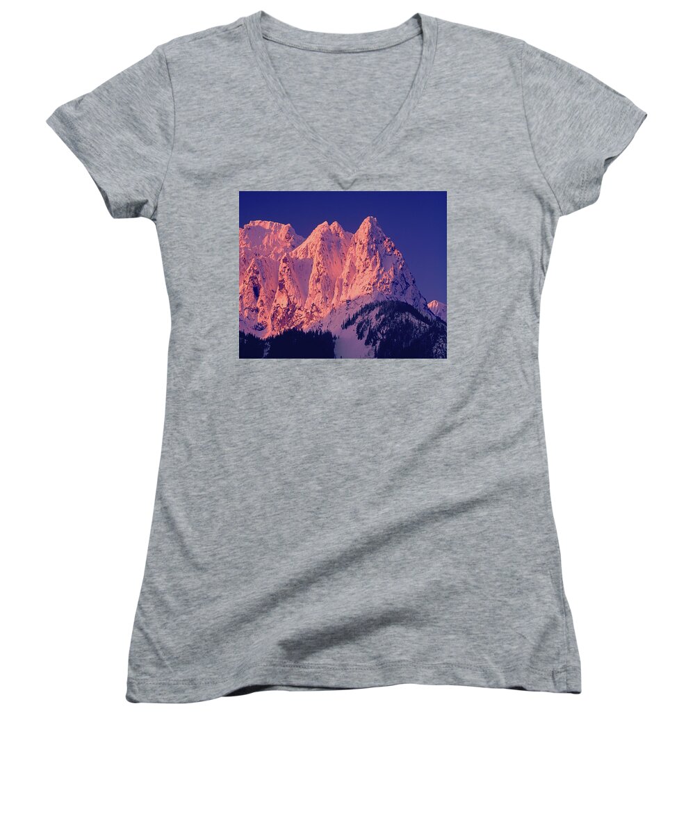 Mt. Index Women's V-Neck featuring the photograph 1M4503-A Three Peaks of Mt. Index at Sunrise by Ed Cooper Photography