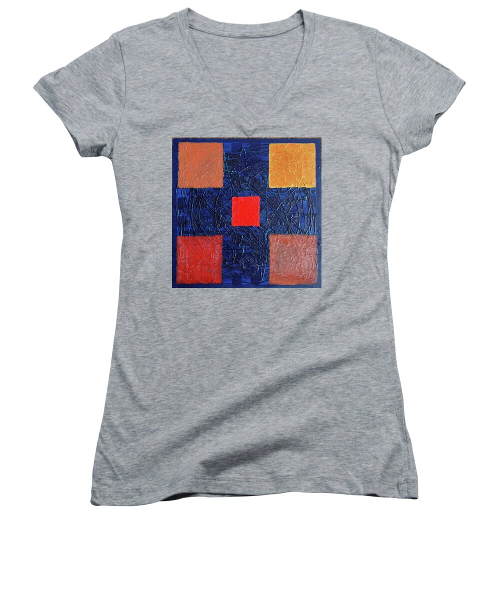 Geometric Shapes Women's V-Neck featuring the painting Imposing Order #2 by Rein Nomm