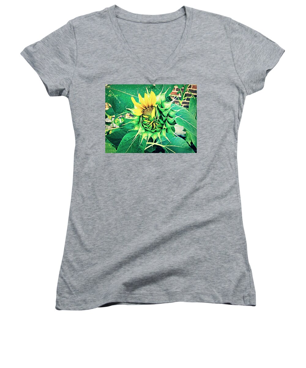 Peeper Women's V-Neck featuring the photograph Peeping Sunflower by Angela Annas