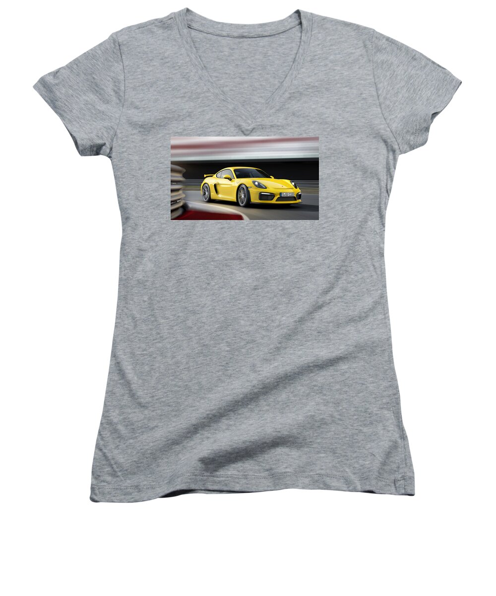 Porsche Cayman Gt4 Women's V-Neck featuring the photograph Porsche Cayman GT4 #2 by Jackie Russo