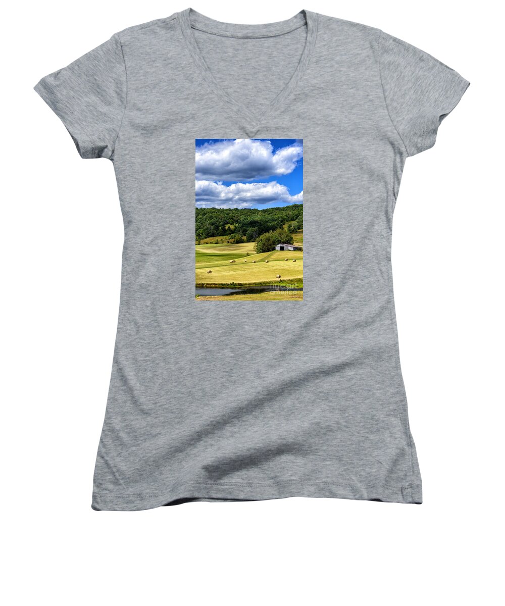 Summer Morning Women's V-Neck featuring the photograph Summer Morning Hay Field #2 by Thomas R Fletcher