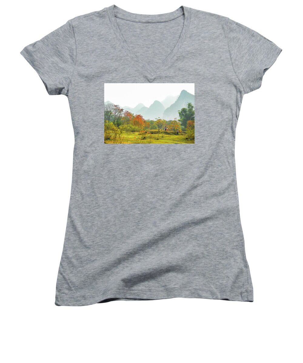 Red Women's V-Neck featuring the photograph The colorful autumn scenery #20 by Carl Ning