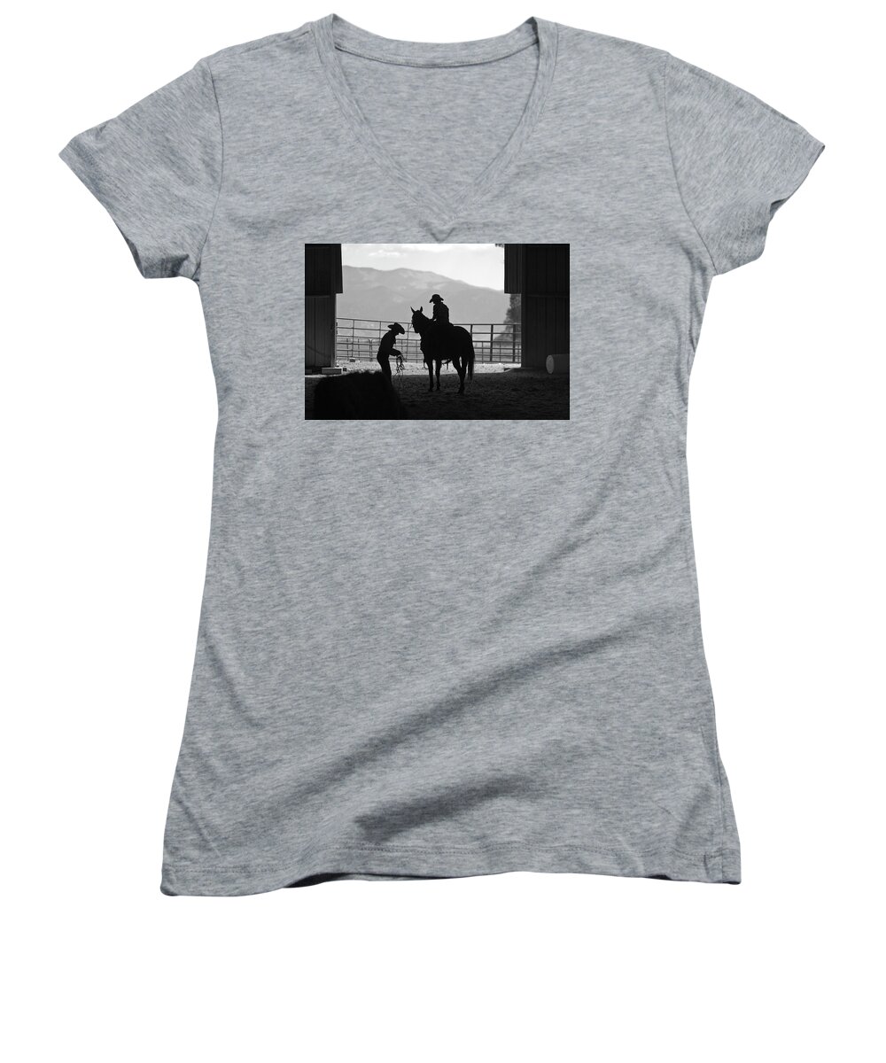 Rocky Mountains Women's V-Neck featuring the photograph 201208107-047K Cowgirls Preparing to Ride 2x3 by Alan Tonnesen