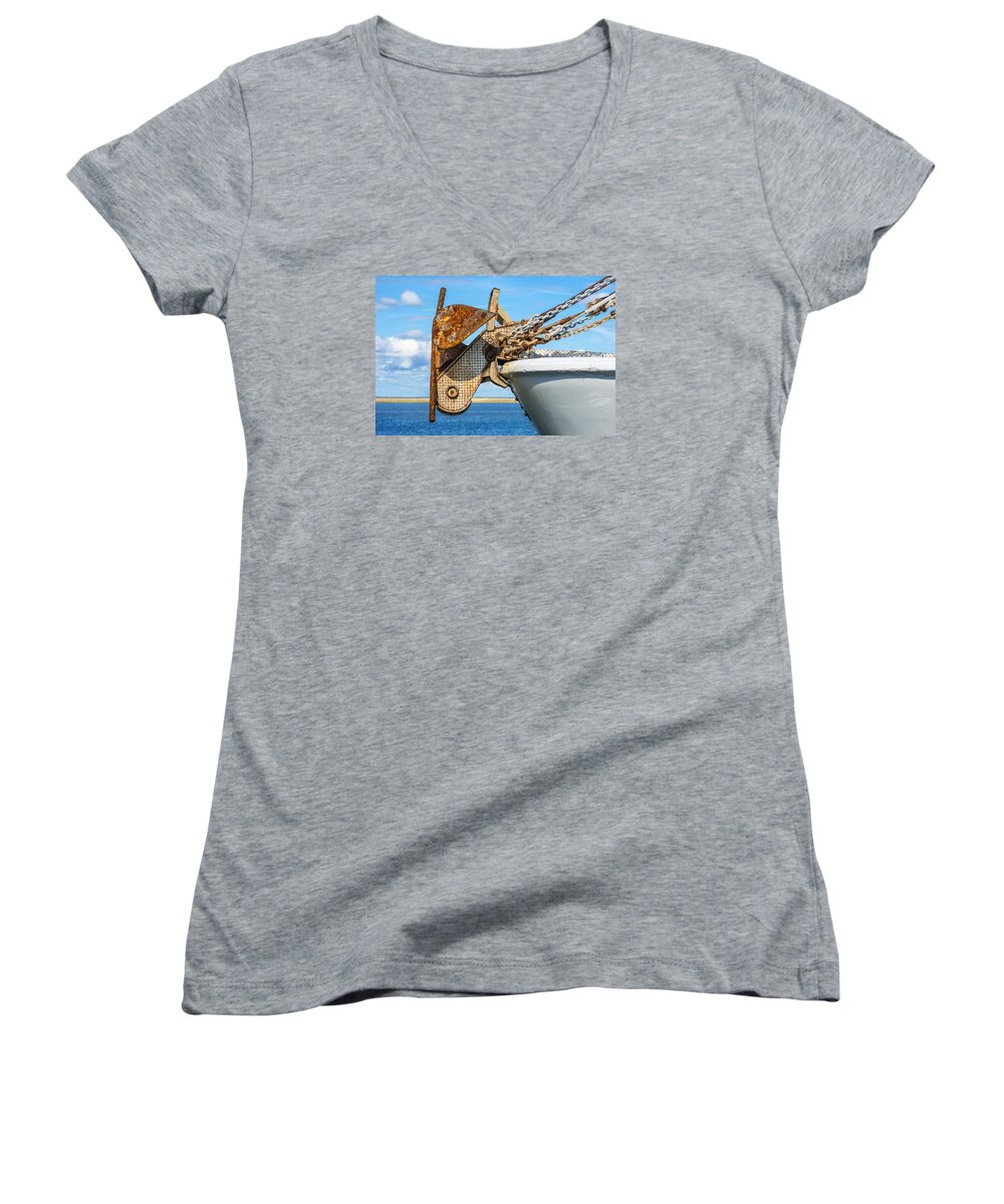 Anchor Women's V-Neck featuring the photograph 201503140-096 Fishing Boat Anchor 2x3 by Alan Tonnesen