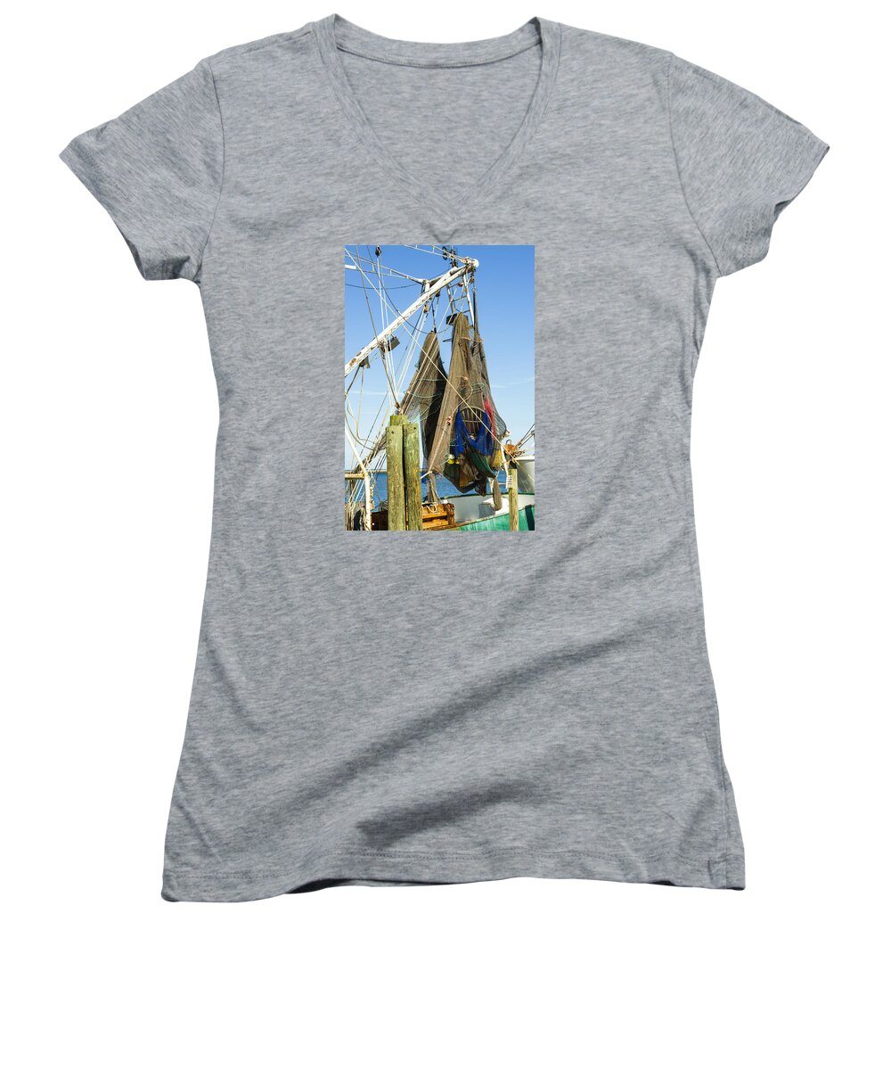 Apalachicola Women's V-Neck featuring the photograph 201503140-097 Hanging Fishing Nets 2x3 by Alan Tonnesen