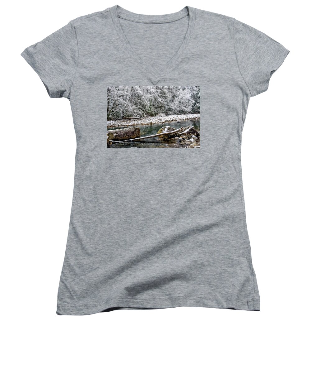 Cranberry River Women's V-Neck featuring the photograph Winter along Cranberry River #21 by Thomas R Fletcher