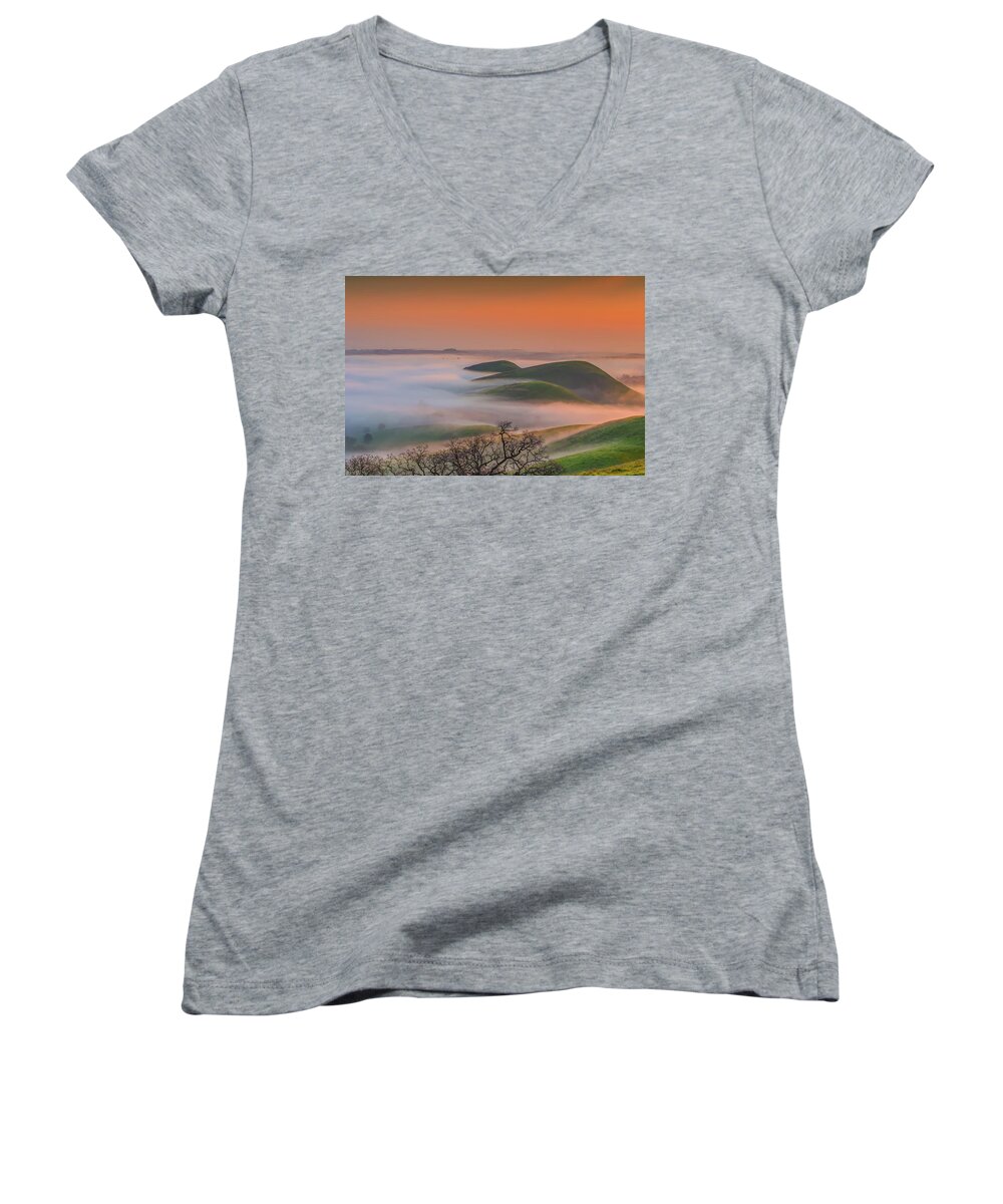 Landscape Women's V-Neck featuring the photograph Fog at Sunrise #3 by Marc Crumpler