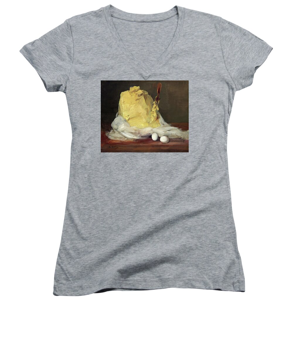 Antoine Vollon Women's V-Neck featuring the painting Mound of Butter #3 by Antoine Vollon