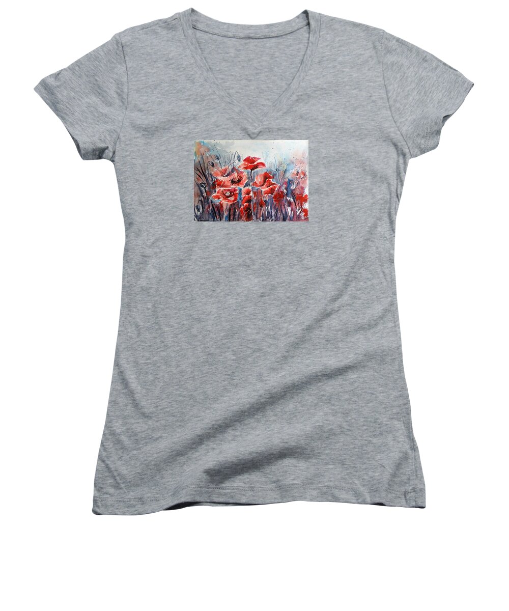 Poppies Women's V-Neck featuring the painting Poppies #12 by Kovacs Anna Brigitta