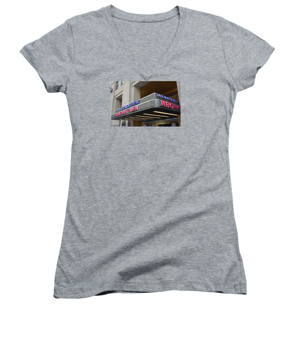 30 Rock Women's V-Neck featuring the photograph 30 Rock Jimmy Fallon Marquee by Melinda Saminski