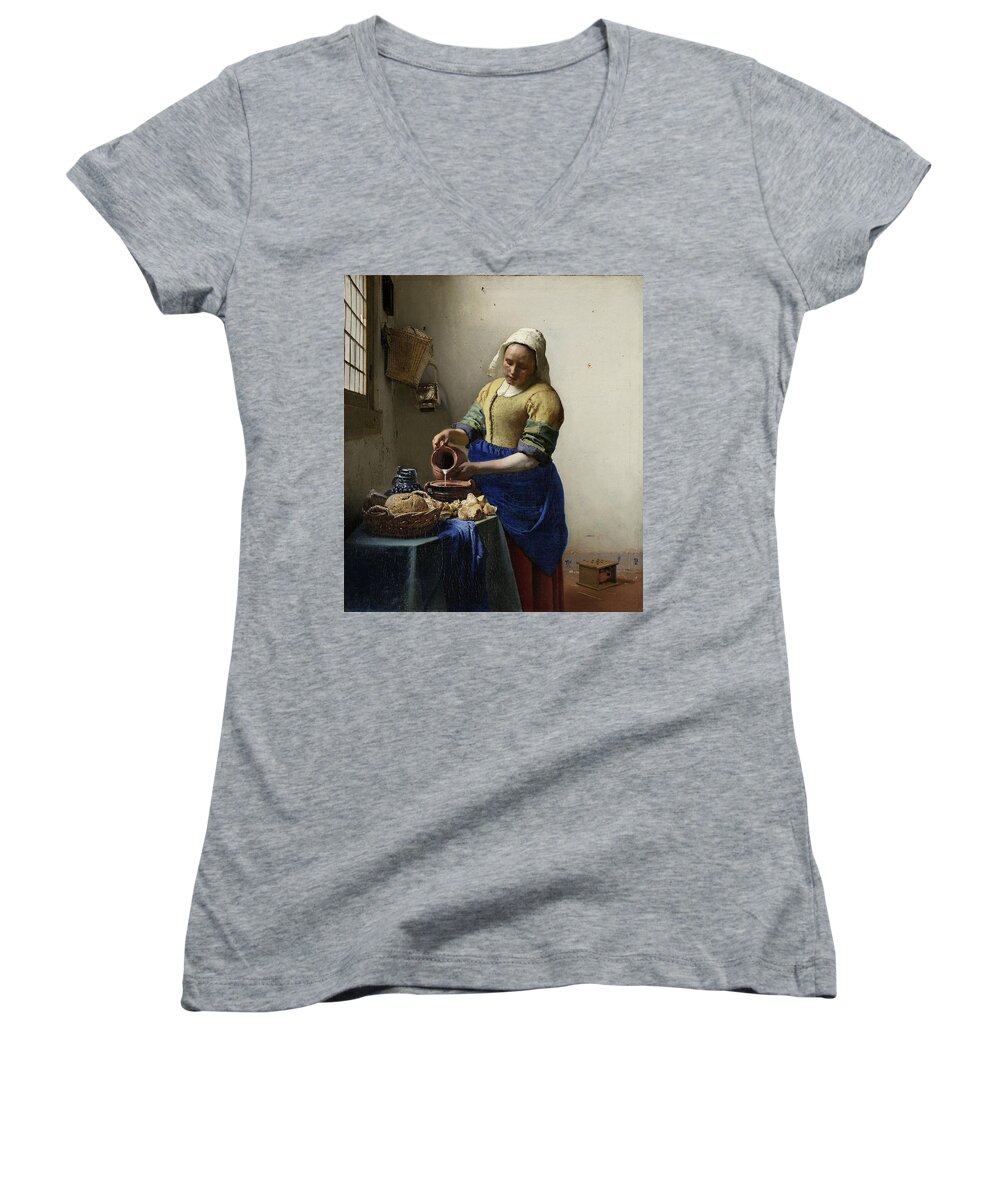Vermeer Women's V-Neck featuring the painting The Milkmaid, 1660 by Vincent Monozlay