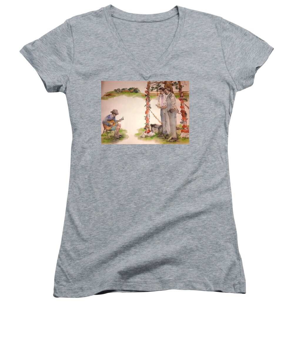 Wedding. Summer Women's V-Neck featuring the painting The Wedding Album #5 by Debbi Saccomanno Chan