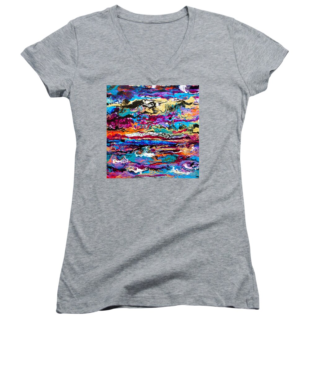 Original Fun Bright Vibrant Colorful Stripes Dynamic Pattern Happy Colors Dynamic Contemporary Fluid Acrylic Painting Women's V-Neck featuring the painting #521 Bright Swipe #521 by Priscilla Batzell Expressionist Art Studio Gallery